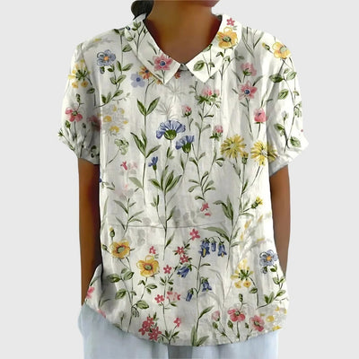 Katharina | Dames linnen blouse met korte mouwen, bloemenprint en bubikraag