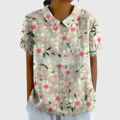Katharina | Dames linnen blouse met korte mouwen, bloemenprint en bubikraag