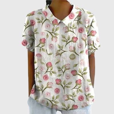 Katharina | Dames linnen blouse met korte mouwen, bloemenprint en bubikraag