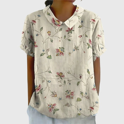 Katharina | Dames linnen blouse met korte mouwen, bloemenprint en bubikraag