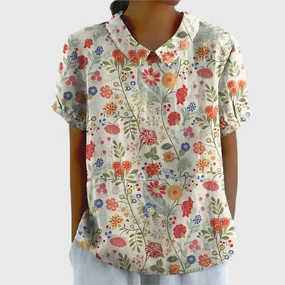 Katharina | Dames linnen blouse met korte mouwen, bloemenprint en bubikraag