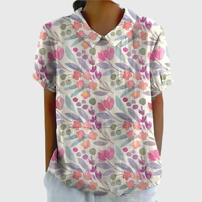 Katharina | Dames linnen blouse met korte mouwen, bloemenprint en bubikraag
