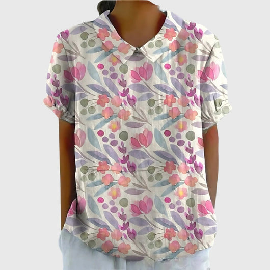 Katharina | Dames linnen blouse met korte mouwen, bloemenprint en bubikraag