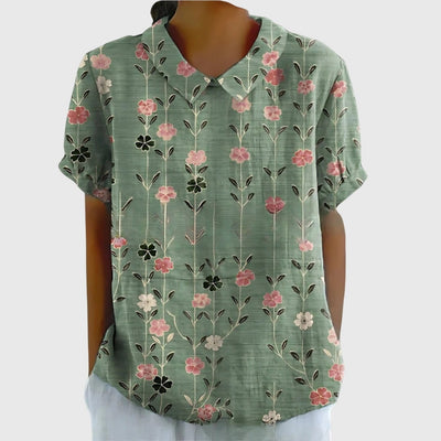Katharina | Dames linnen blouse met korte mouwen, bloemenprint en bubikraag