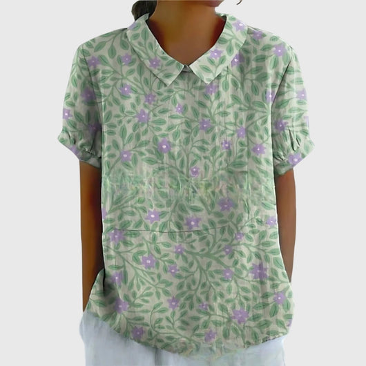 Katharina | Dames linnen blouse met korte mouwen, bloemenprint en bubikraag