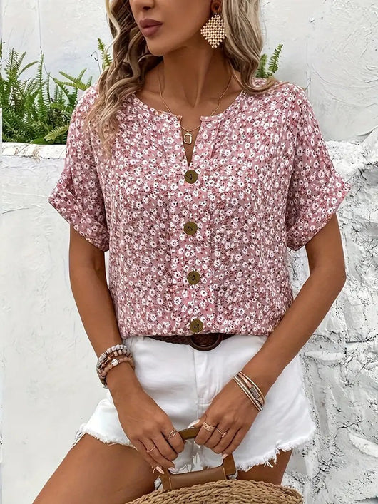 Charlotte | Dames katoenen blouse met korte mouwen, bloemenprint en knoopsluiting