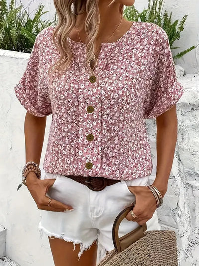 Charlotte | Dames katoenen blouse met korte mouwen, bloemenprint en knoopsluiting