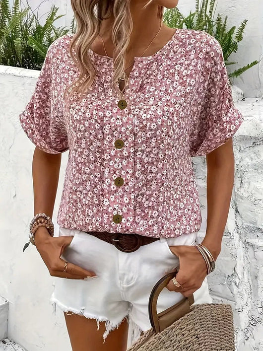 Charlotte | Dames katoenen blouse met korte mouwen, bloemenprint en knoopsluiting