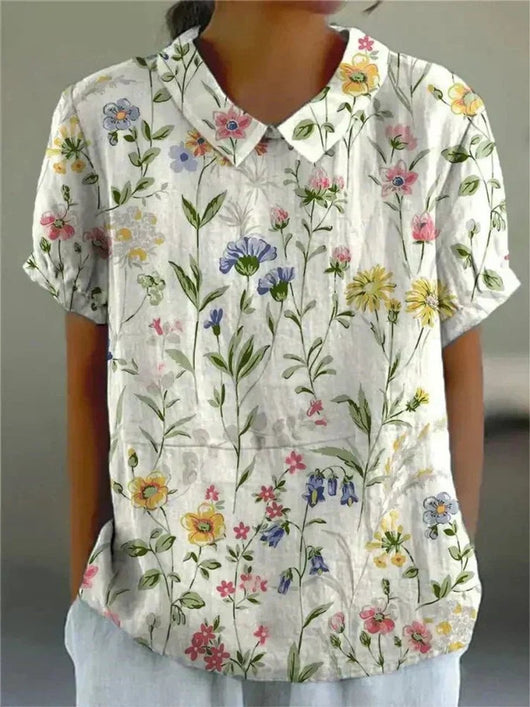 Clara | Damesblouse met korte mouwen, bloemenprint en overhemdkraag