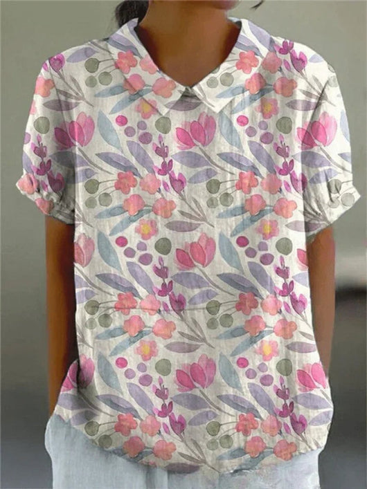 Clara | Damesblouse met korte mouwen, bloemenprint en overhemdkraag
