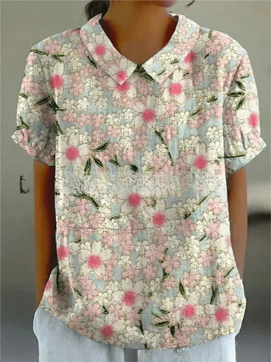 Clara | Damesblouse met korte mouwen, bloemenprint en overhemdkraag