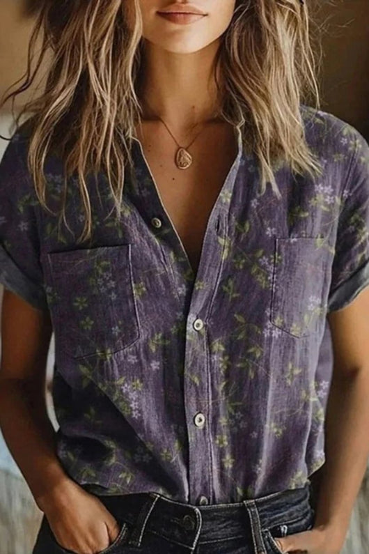Elisabeth | Katoenen dames blouse met korte mouwen en vintage bloemendessin