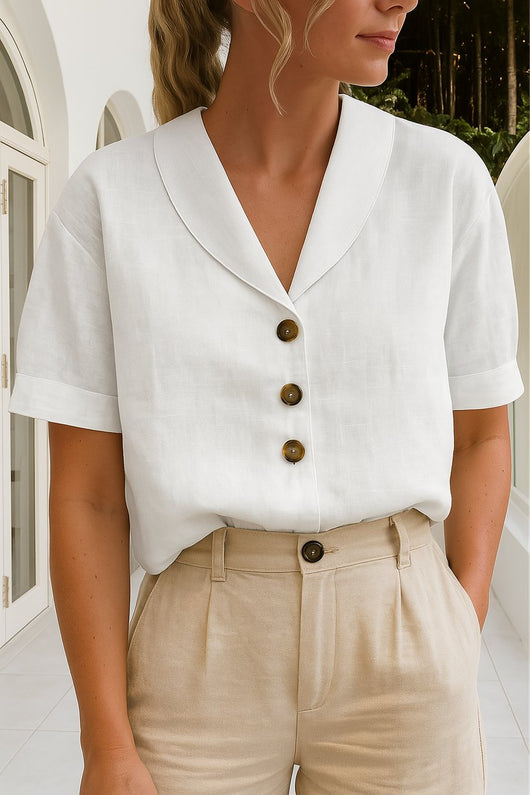 Marlene | Dames blouse met korte mouwen, knoopsluiting en reverskraag