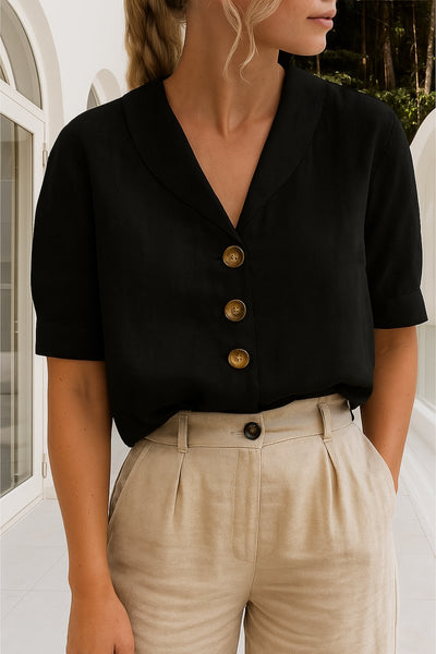 Marlene | Dames blouse met korte mouwen, knoopsluiting en reverskraag