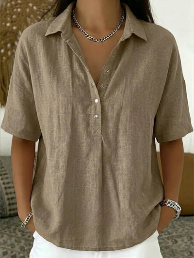 Johanna | Losse dames blouse met kraag en knoopsluiting in linnenlook