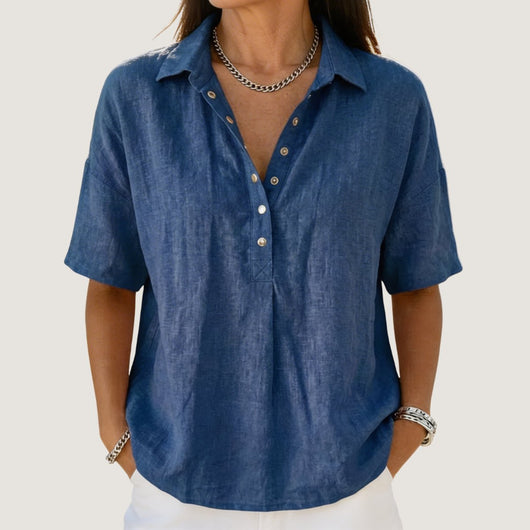 Johanna | Losse dames blouse met kraag en knoopsluiting in linnenlook