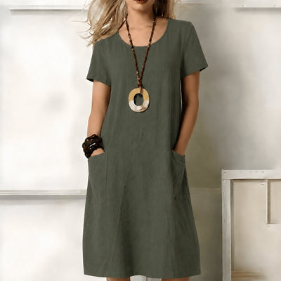 Greta | Losvallende dames boho midijurk met korte mouwen en zakken