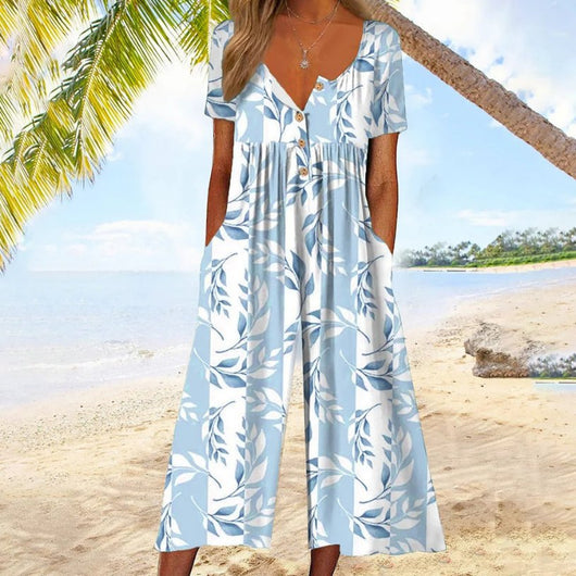 Leonie | Dames katoenen culotte-jumpsuit met korte mouwen en knoopsluiting