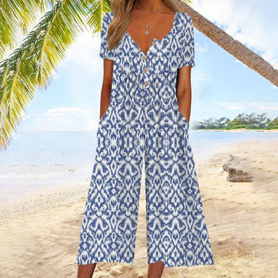 Leonie | Dames katoenen culotte-jumpsuit met korte mouwen en knoopsluiting