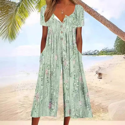 Leonie | Dames katoenen culotte-jumpsuit met korte mouwen en knoopsluiting