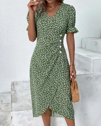 Sophie | Dames wikkel midi-jurk met korte mouwen, V-hals en knopen