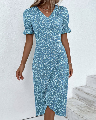 Sophie | Dames wikkel midi-jurk met korte mouwen, V-hals en knopen