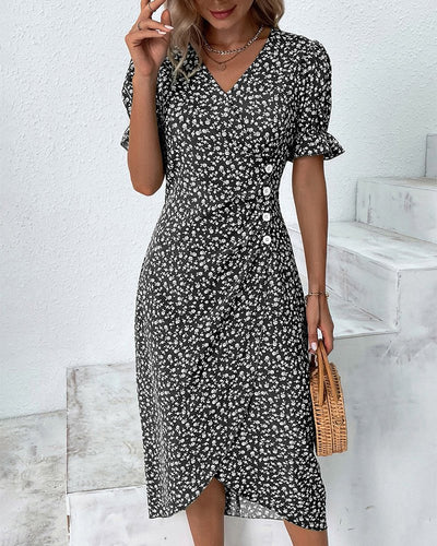 Sophie | Dames wikkel midi-jurk met korte mouwen, V-hals en knopen