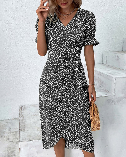 Sophie | Dames wikkel midi-jurk met korte mouwen, V-hals en knopen