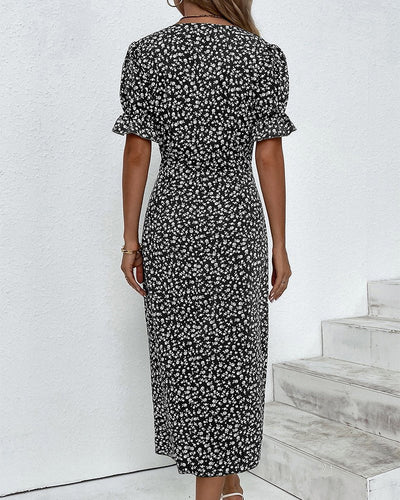 Sophie | Dames wikkel midi-jurk met korte mouwen, V-hals en knopen
