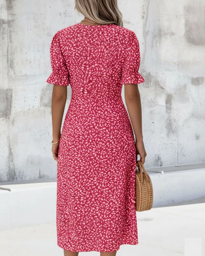 Sophie | Dames wikkel midi-jurk met korte mouwen, V-hals en knopen