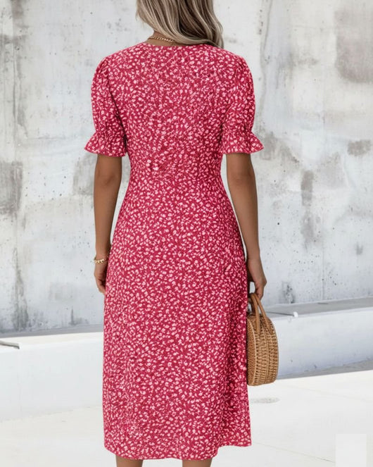 Sophie | Dames wikkel midi-jurk met korte mouwen, V-hals en knopen
