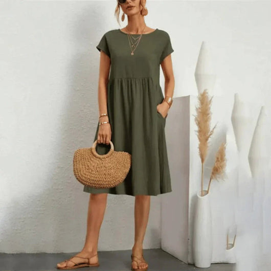 Elfriede | Dames zomerjurk met korte mouwen, ruchedetail en zakken
