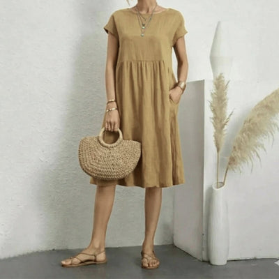 Elfriede | Dames zomerjurk met korte mouwen, ruchedetail en zakken