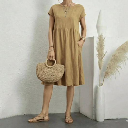 Elfriede | Dames zomerjurk met korte mouwen, ruchedetail en zakken