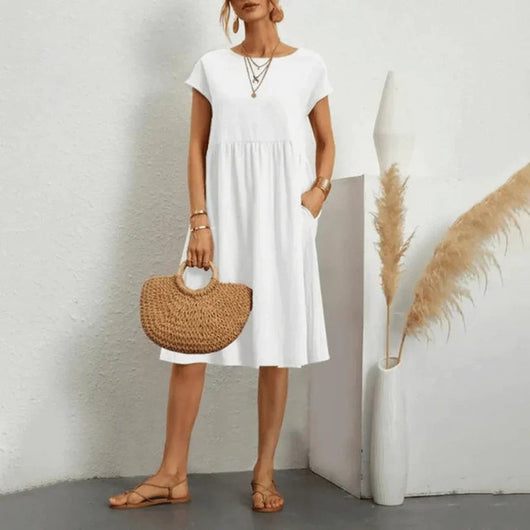 Elfriede | Dames zomerjurk met korte mouwen, ruchedetail en zakken