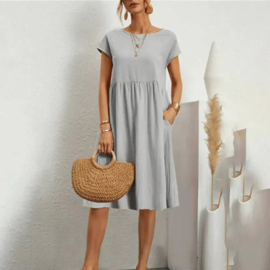 Elfriede | Dames zomerjurk met korte mouwen, ruchedetail en zakken