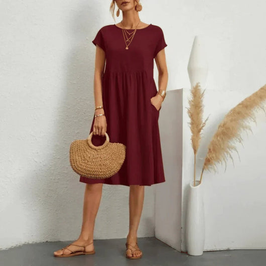 Elfriede | Dames zomerjurk met korte mouwen, ruchedetail en zakken