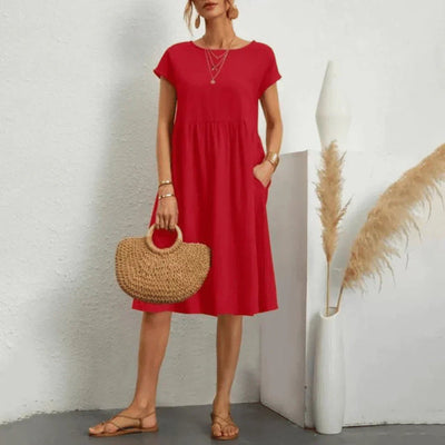 Elfriede | Dames zomerjurk met korte mouwen, ruchedetail en zakken