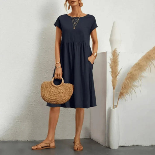 Elfriede | Dames zomerjurk met korte mouwen, ruchedetail en zakken