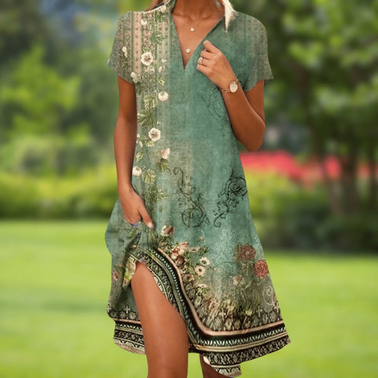 Marie | Dames zomerjurk met v-hals, korte mouwen en boho-ornamentdessin