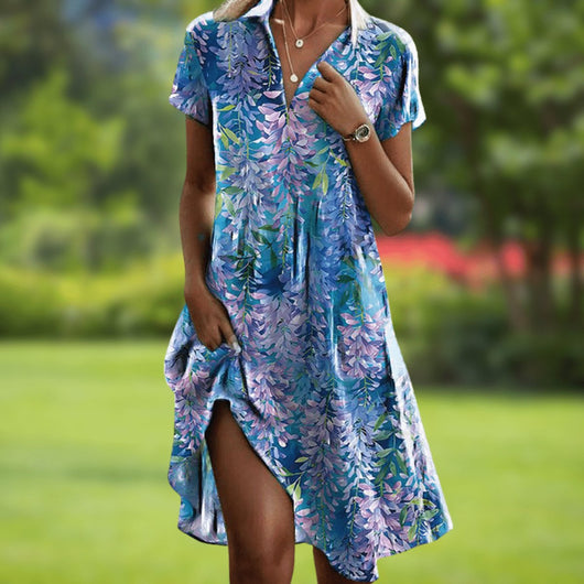 Marie | Dames zomerjurk met v-hals, korte mouwen en boho-ornamentdessin