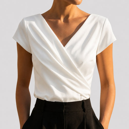 Nora | Dames gedrapeerde wikkelblouse met korte mouwen en V-hals