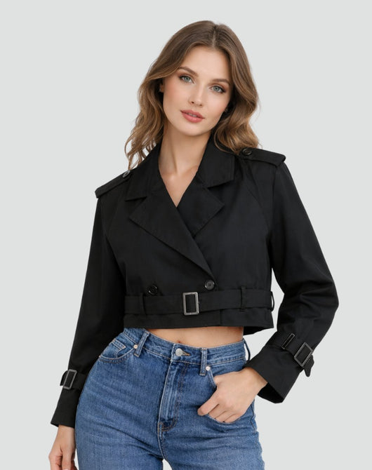 Amelie | Korte getailleerde dames trenchcoat met ceintuur en dubbele knoopsluiting