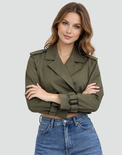Amelie | Korte getailleerde dames trenchcoat met ceintuur en dubbele knoopsluiting