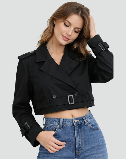 Amelie | Korte getailleerde dames trenchcoat met ceintuur en dubbele knoopsluiting