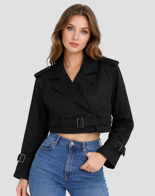 Amelie | Korte getailleerde dames trenchcoat met ceintuur en dubbele knoopsluiting