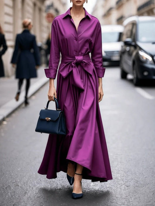 Annika | Dames maxi blousejurk met lange mouwen en ceintuur