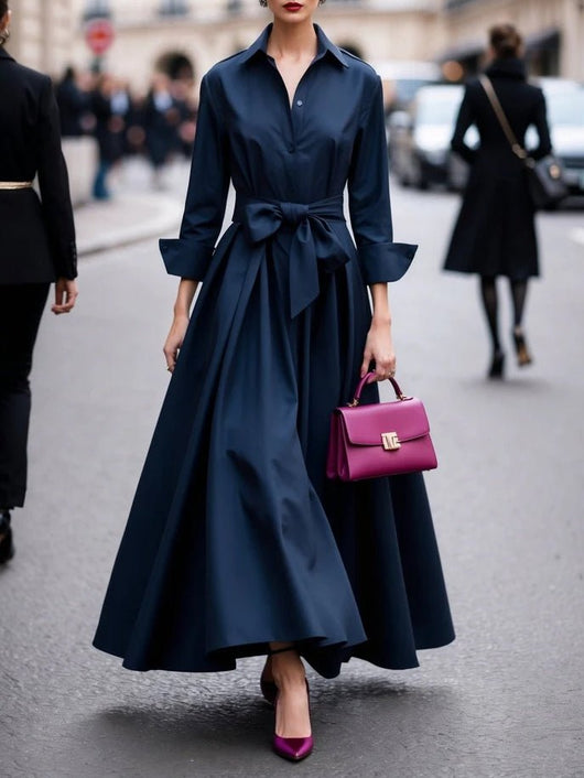 Annika | Dames maxi blousejurk met lange mouwen en ceintuur