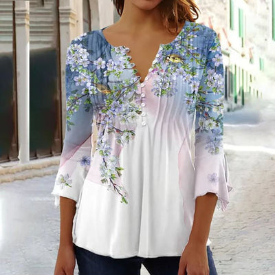 Charlotte | Dames henleyblouse met bloemendessin, lange mouwen en relaxed fit