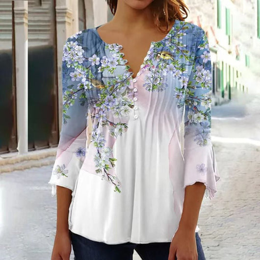 Charlotte | Dames henleyblouse met bloemendessin, lange mouwen en relaxed fit